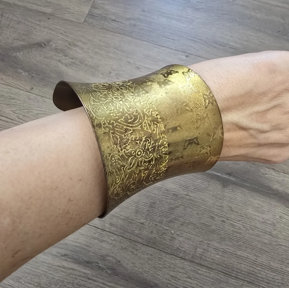 Brass Wide Cuff Bracelet Floral Butterfly Gold Boho Chunky Statement